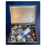 Tin of Marbles and Misc Vintage