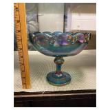Footed Blue Carnival Glass Bowl