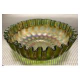Green Carnival Glass Ruffled Bowl