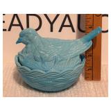 Vintage Blue Glass Bird on Nest Candy Dish