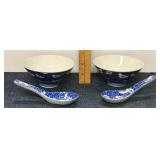 Asian Porcelain Rice Bowls and Soup Spoons