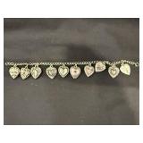 Sterling Silver 6 1/2' Heart Bracelet w/10n Hearts