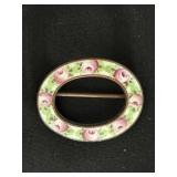 Handpainted Victorian Enamel Oval Flower Pin