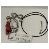 Red Coral Crystal Pendant w/ 24' Silvertone & 20'