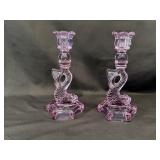 Vintage Lavender Glass Dolphin Candlesticks