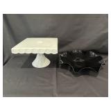 Black Art Glass Ruffle Rim Bowl/Milk Glass SQ