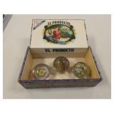 Glass Paperweights & Cigar Box