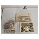 Box of Various Pins, Keychains, Belt Buckle, Charm
