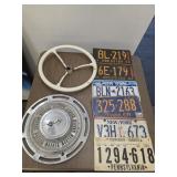 License Plates, Vintage Steering Wheel and Hubcap