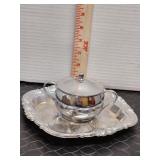 Silver toned sugar bowl and decorative plate