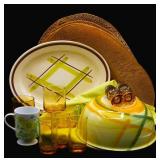 Vintage Amber Glass & Gingham Tableware, Glasses +