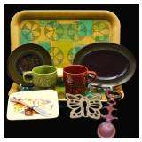 Vintage Metal Trays, Stoneware, Cheese Plate Set