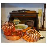 Vintage Wooden Breadbox, Copper Molds, Carving Set