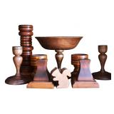 Group of Wooden Decor - Candlesticks & More
