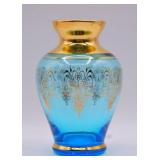 Italian Aqua Blue Glass & Gold Gilt Bud Vase