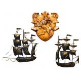 Vintage Chalkware Lion Crest & Metal Ship Decor