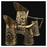 English Brass Embossed Tavern Scene Pitchers (4)