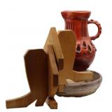 Southwest Style Wood Bookends & Art Pottery