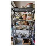 Metal Shelf & Contents - Melmac, Porcelain, Glass