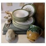 Green & White Dishes, Art Pottery & Placemats