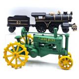Vintage Cast Iron Repro Train & John Deere Tractor