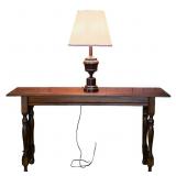 Foyer Table & Brown Toleware Table Lamp