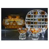 Cut-to-Clear Amber Crystal Bowl, Plate & Cordials