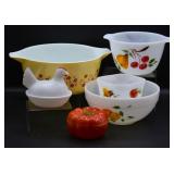 Milk Glass Mixing Bowls, Hen On Nest & Tomato