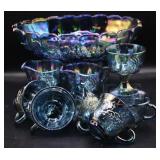 Blue Carnival Glass Bowl, Tea Cups & Creamers