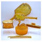 Antique Celluloid Vanity Set & Swan Powder Dish