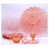Pink Glass Platters, Snack Plates, Candle Sticks+