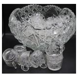 Large Pressed Glass Punch Bowl & Cups