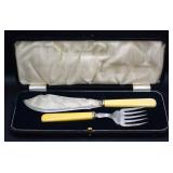 Antique French Ivory Serving Fork & Knife w/ Case