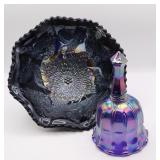 Blue & Amethyst Carnival Glass Bell & Bowl