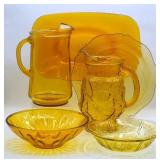 Amber Glass Pitcher, Bowls & Platter