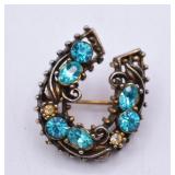 Vintage Horseshoe Blue Rhinestone Brooch