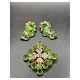 Vintage Green Rhinestone Brooch & Earrings