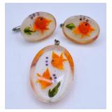 Vintage Lucite Goldfish Cufflinks & Pendant Set