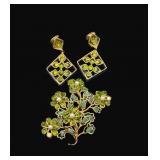 Green Stone Snoboda Earrings & Floral Brooch