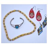 Hand Painted Earrings, Natural Bead Necklace +