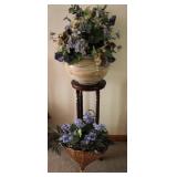 Wood Plant Stand & Faux Floral Arrangements