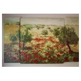 Signed 3 Canvas Panel Poppy Field Painting
