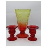Vintage Flash Glass Vase & Red Glass Candleholders
