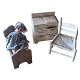 Antique Baby Doll, Childs Play Stove & Chair