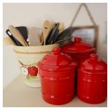Red Kitchen Canisters & Untensils in Caddy