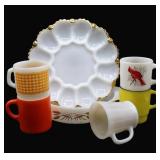 Vintage FireKing Casserole, Mugs & Egg Plate