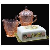 Pink Glass Sugar & Creamer & Stoneware Butter Dish