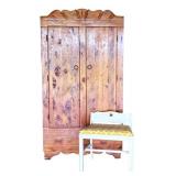 Pine Armoire Wardrobe & Vanity Stool