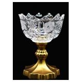 Vintage Etched Crytal & Cast Brass Pedestal Bowl
