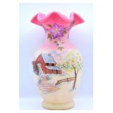 Fenton Highly Painted & Signed Burmese Glass Vase